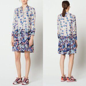 Sandro Mini Dress Multicolor Silk Floral Print Allover V-neck Long Sleeves